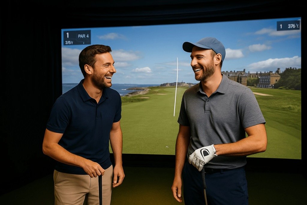Zwei Golfer lachen gemeinsam vor der Simulator-Leinwand mit einem Links-Golfplatz