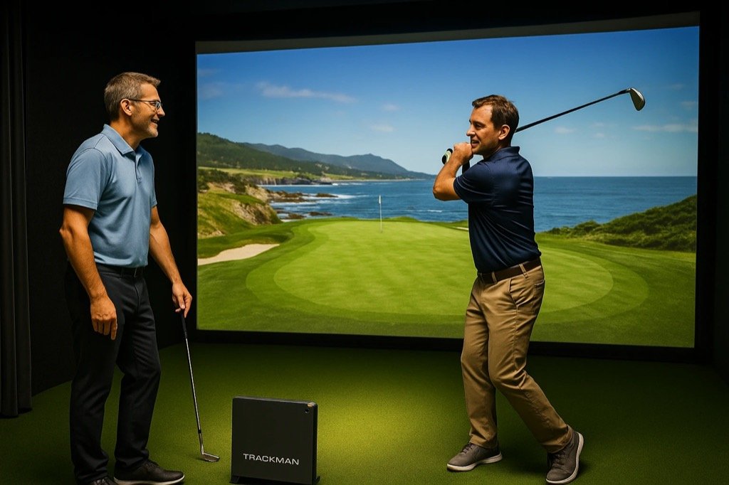 Golfer schwingt vor der Simulator-Leinwand, daneben ein Begleiter und das TrackMan-Messgerät